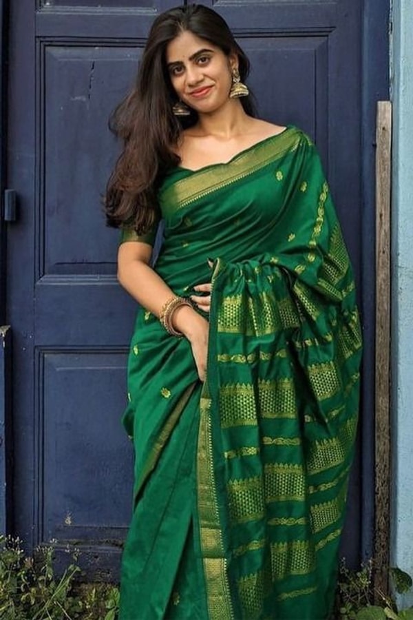 Gold Zari Butti Banarasi Soft Silk Saree with Striped Zari Pallu in Five Deep Shades  in Surat