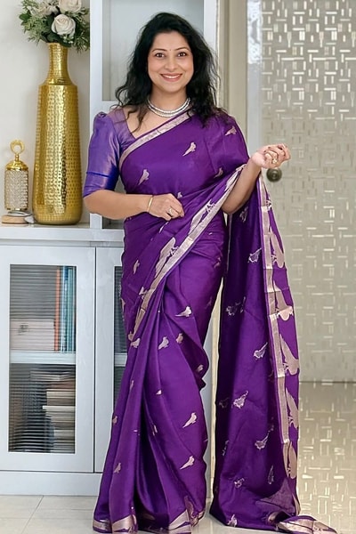 Gold Zari Butti Banarasi Soft Silk Saree with Woven Zari Border in Purple and Red in Surat