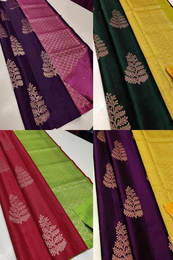 Gold Zari Leaf Butta Banarasi Soft Silk Saree with Contrast Pallu in Four Colour Pairs  in Surat