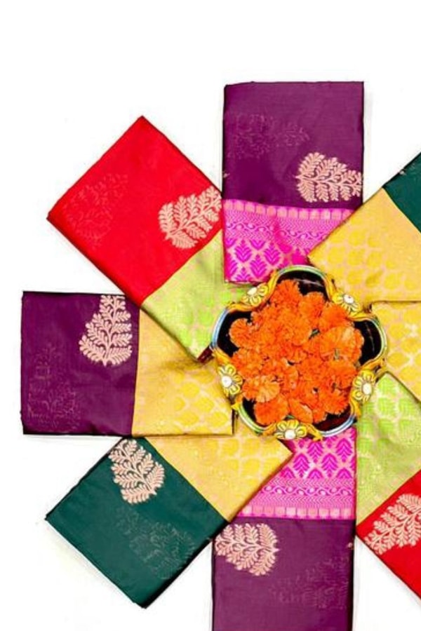 Gold Zari Leaf Butta Banarasi Soft Silk Saree with Contrast Pallu in Four Colour Pairs  in Surat