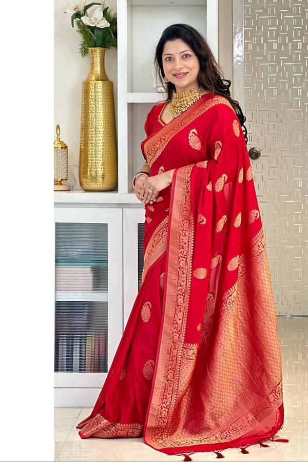Gold Zari Leaf Butti Banarasi Soft Silk Saree with Rich Zari Pallu in Blue, Pink, Red and Wine  in Surat