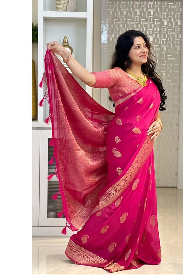 Gold Zari Leaf Butti Banarasi Soft Silk Saree with Rich Zari Pallu in Blue, Pink, Red and Wine  in Surat