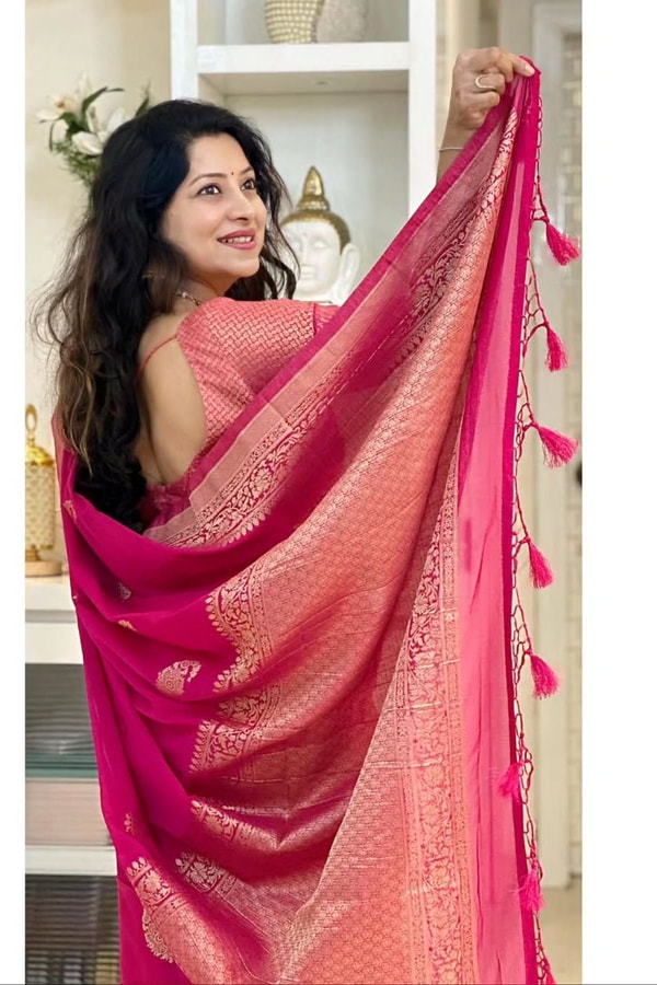 Gold Zari Leaf Butti Banarasi Soft Silk Saree with Rich Zari Pallu in Blue, Pink, Red and Wine  in Surat