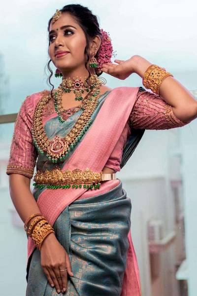 Golded Elegance Fancy Border Allovar Saree with Golden Zari Flowers in Surat