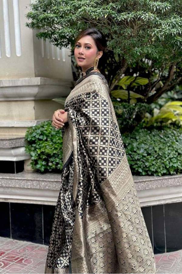 Golden Opulence Allover Golden Zari Weaving Check Box Design on Banarasi Saree  in Surat