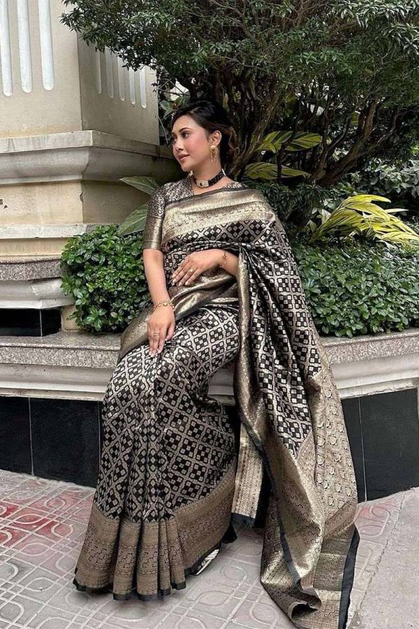 Golden Opulence Allover Golden Zari Weaving Check Box Design on Banarasi Saree  in Surat