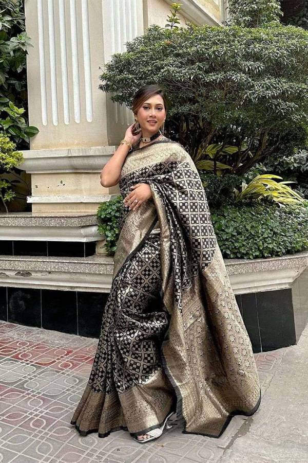 Golden Opulence Allover Golden Zari Weaving Check Box Design on Banarasi Saree  in Surat