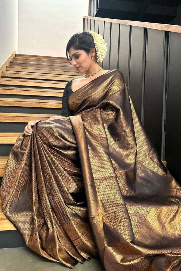 Golden Rich Pallu Saree with Flower Design and All Over Golden Zari Weaving Saree  in Surat