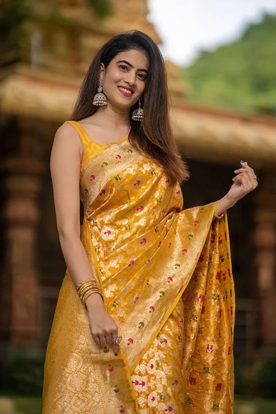 Golden Yellow Banarasi Soft Silk Saree with Meenakari Floral Jaal and Zari Pallu in Surat