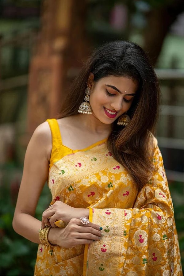 Golden Yellow Banarasi Soft Silk Saree with Meenakari Floral Jaal and Zari Pallu  in Surat
