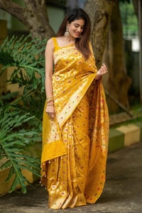 Golden Yellow Banarasi Soft Silk Saree with Meenakari Floral Jaal and Zari Pallu  in Surat