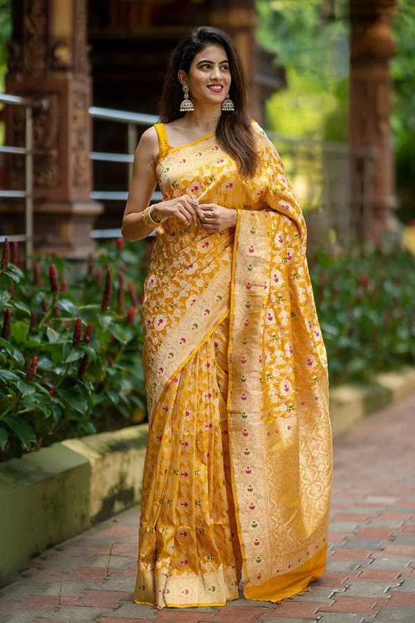 Golden Yellow Banarasi Soft Silk Saree with Meenakari Floral Jaal and Zari Pallu  in Surat
