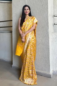 Golden Yellow Banarasi Soft Silk Saree with Meenakari Floral Jaal and Zari Pallu  in Surat