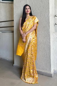 Golden Yellow Banarasi Soft Silk Saree with Meenakari Floral Jaal and Zari Pallu  in Surat