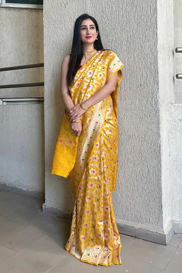 Golden Yellow Banarasi Soft Silk Saree with Meenakari Floral Jaal and Zari Pallu  in Surat