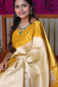 Golden Yellow and Ivory Half and Half Banarasi Soft Silk Saree with Heavy Brocade Zari  in Surat