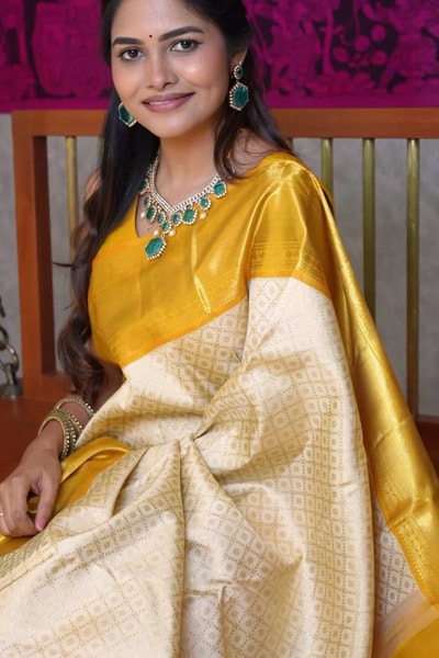 Golden Yellow and Ivory Half and Half Banarasi Soft Silk Saree with Heavy Brocade Zari in Surat