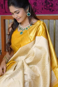 Golden Yellow and Ivory Half and Half Banarasi Soft Silk Saree with Heavy Brocade Zari  in Surat