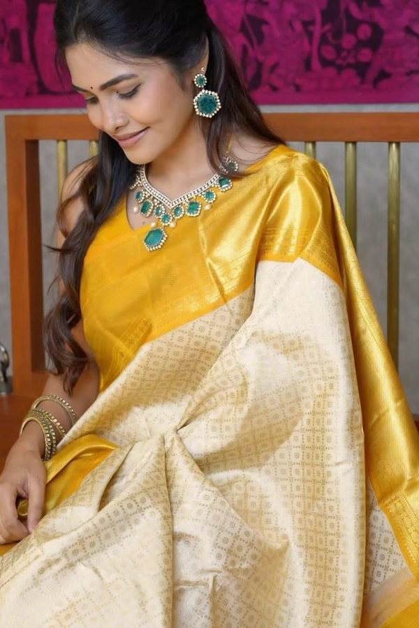 Golden Yellow and Ivory Half and Half Banarasi Soft Silk Saree with Heavy Brocade Zari  in Surat