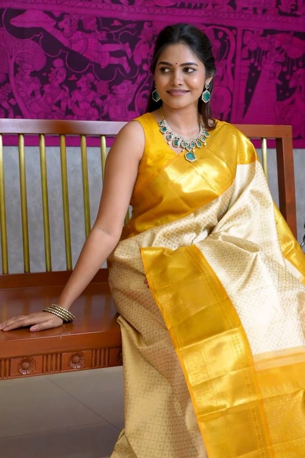 Golden Yellow and Ivory Half and Half Banarasi Soft Silk Saree with Heavy Brocade Zari  in Surat