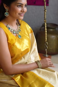 Golden Yellow and Ivory Half and Half Banarasi Soft Silk Saree with Heavy Brocade Zari  in Surat