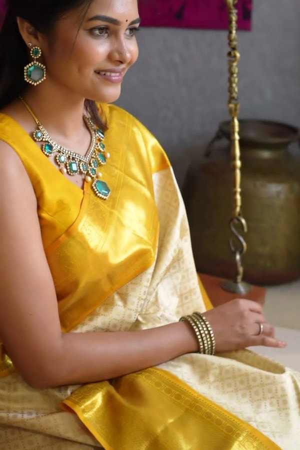 Golden Yellow and Ivory Half and Half Banarasi Soft Silk Saree with Heavy Brocade Zari  in Surat