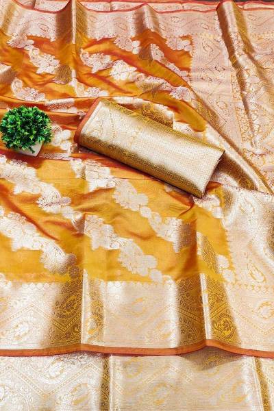 Golden Zari Lehriya Organza Silk Saree with Designer Blouse in Surat
