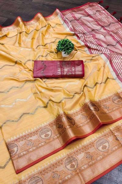 Golden Zari Zigzag Soft Silk Multicolor Saree with Intricate Weaving and Tassel Pallu Accent in Surat