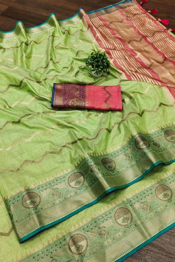 Golden Zari Zigzag Soft Silk Multicolor Saree with Intricate Weaving and Tassel Pallu Accent  in Surat