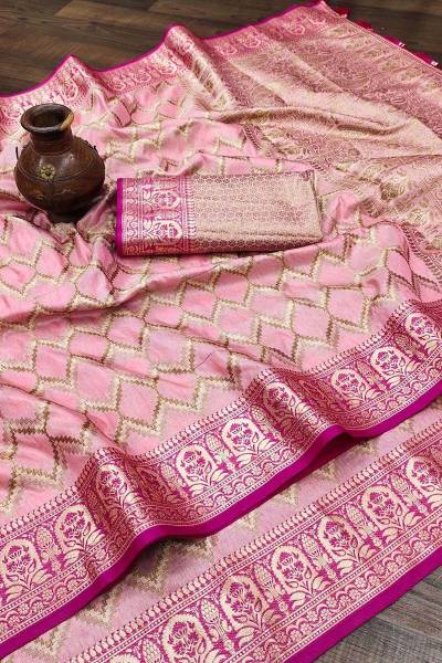 Golden Zari Zigzag Soft Silk Saree with Intricate Weaving and Tassel-Pallu Accent in Surat