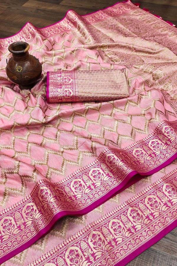 Golden Zari Zigzag Soft Silk Saree with Intricate Weaving and Tassel-Pallu Accent  in Surat