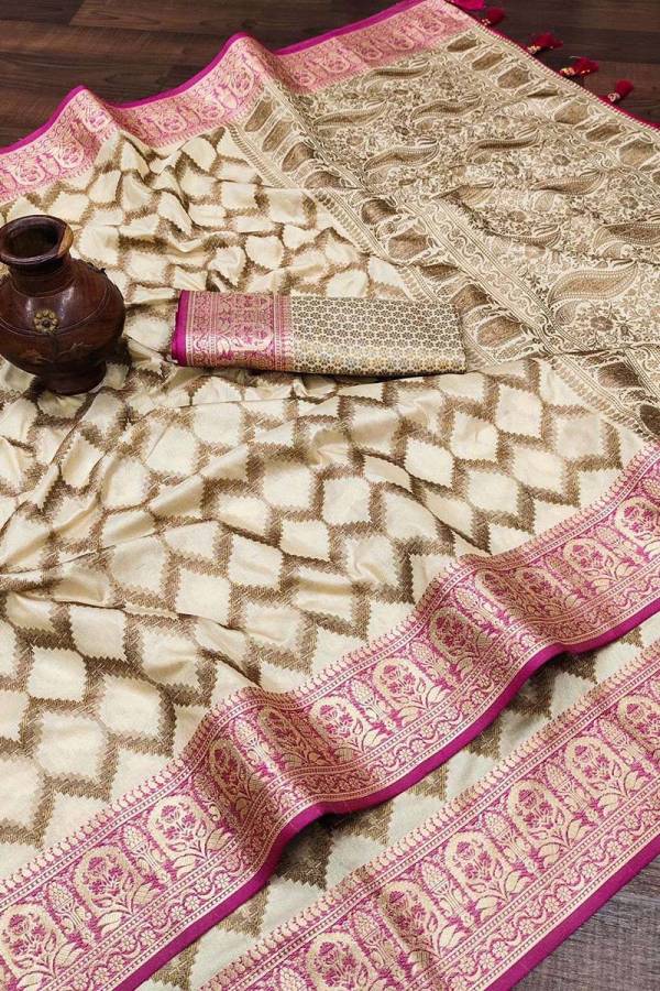 Golden Zari Zigzag Soft Silk Saree with Intricate Weaving and Tassel-Pallu Accent  in Surat