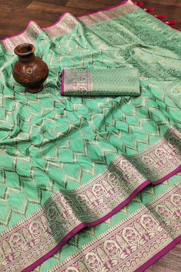 Golden Zari Zigzag Soft Silk Saree with Intricate Weaving and Tassel-Pallu Accent  in Surat