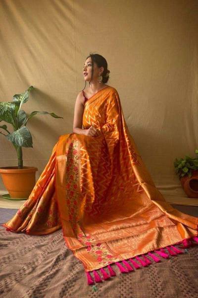Golden Zari Zigzag Soft Silk Saree with Intricate Weaving and Tassel Pallu Accent in Surat