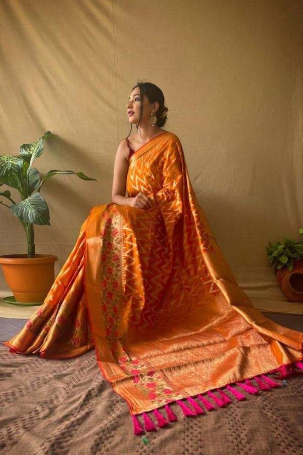 Golden Zari Zigzag Soft Silk Saree with Intricate Weaving and Tassel Pallu Accent  in Surat