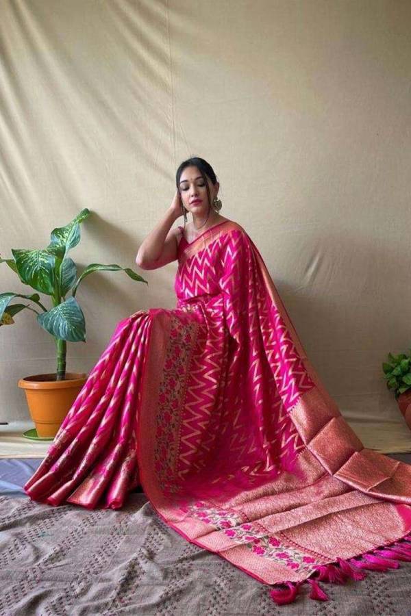 Golden Zari Zigzag Soft Silk Saree with Intricate Weaving and Tassel Pallu Accent  in Surat