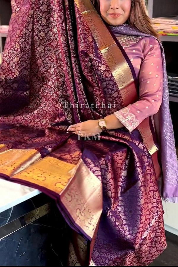 Grape Purple Banarasi Soft Silk Saree with Copper Zari Brocade and Rich Copper Pallu  in Surat