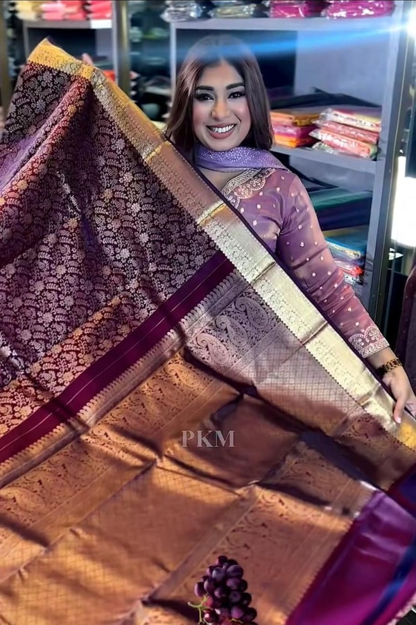 Grape Purple Banarasi Soft Silk Saree with Copper Zari Brocade and Rich Copper Pallu  in Surat