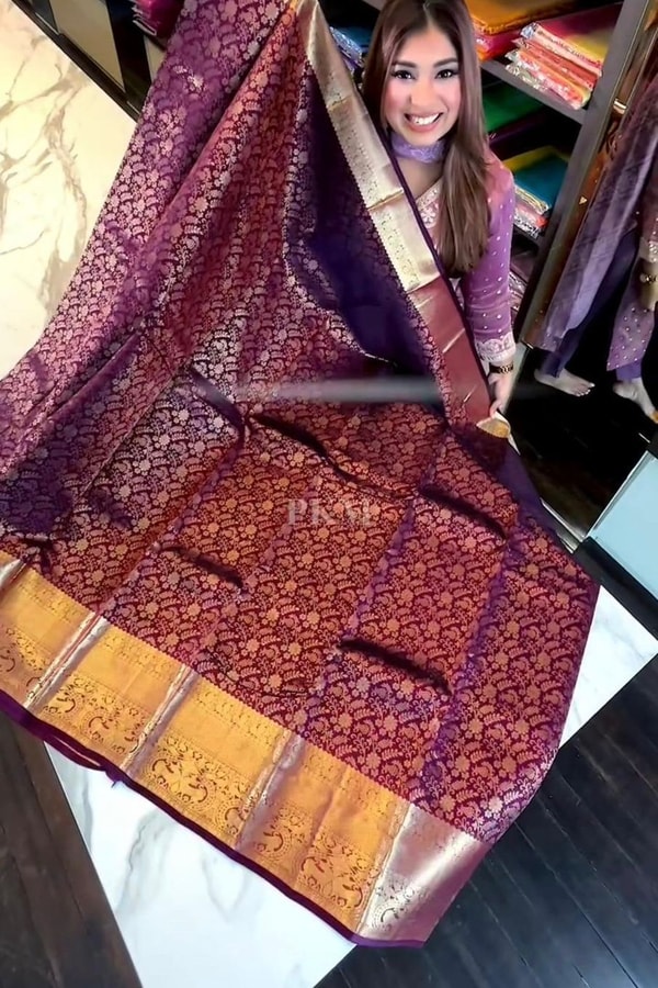 Grape Purple Banarasi Soft Silk Saree with Copper Zari Brocade and Rich Copper Pallu  in Surat