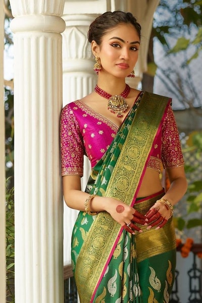 Green Banarasi Soft Silk Saree with Gold and Silver Zari Motifs and Woven Gold Border in Surat