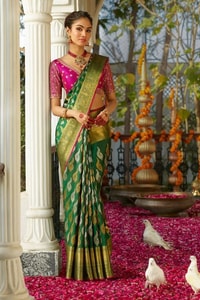 Green Banarasi Soft Silk Saree with Gold and Silver Zari Motifs and Woven Gold Border  in Surat