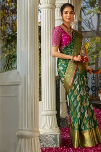 Green Banarasi Soft Silk Saree with Gold and Silver Zari Motifs and Woven Gold Border  in Surat