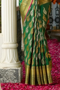 Green Banarasi Soft Silk Saree with Gold and Silver Zari Motifs and Woven Gold Border  in Surat