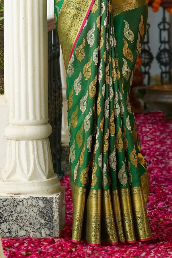 Green Banarasi Soft Silk Saree with Gold and Silver Zari Motifs and Woven Gold Border  in Surat