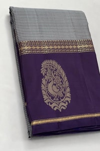 Grey Banarasi Soft Silk Saree with Deep Purple Border and Peacock Paisley Zari Motifs  in Surat