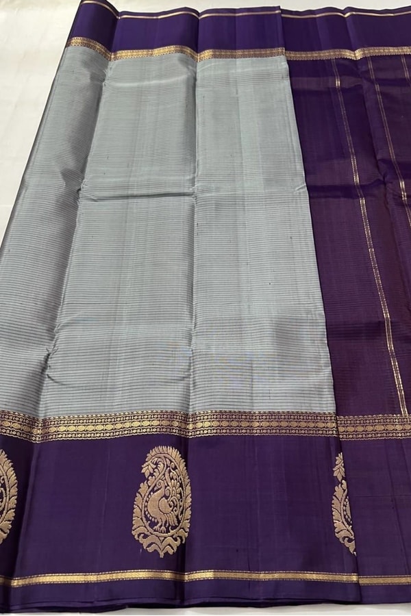Grey Banarasi Soft Silk Saree with Deep Purple Border and Peacock Paisley Zari Motifs  in Surat