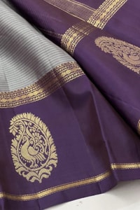 Grey Banarasi Soft Silk Saree with Deep Purple Border and Peacock Paisley Zari Motifs  in Surat