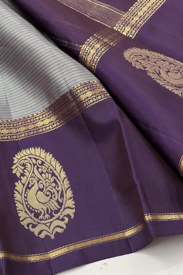 Grey Banarasi Soft Silk Saree with Deep Purple Border and Peacock Paisley Zari Motifs  in Surat