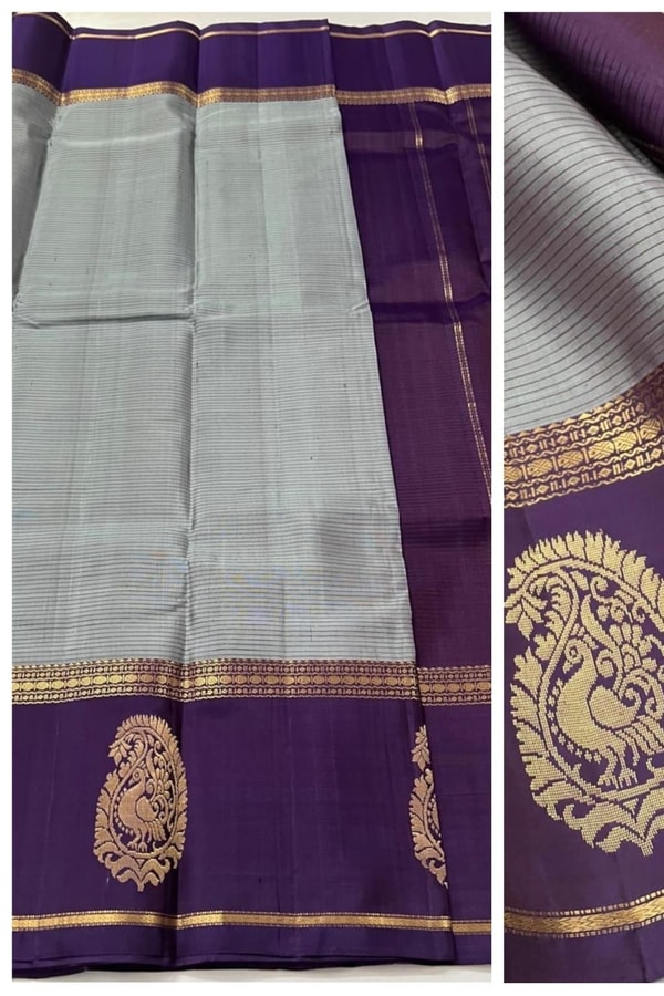 Grey Banarasi Soft Silk Saree with Deep Purple Border and Peacock Paisley Zari Motifs  in Surat