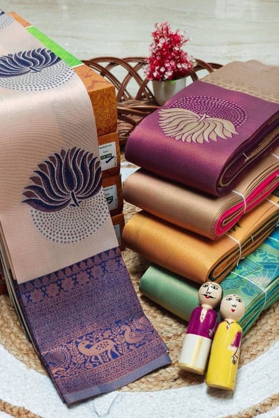 Half and Half Banarasi Soft Silk Saree with Lotus Zari Buttas and Brocade Lower Body in Surat